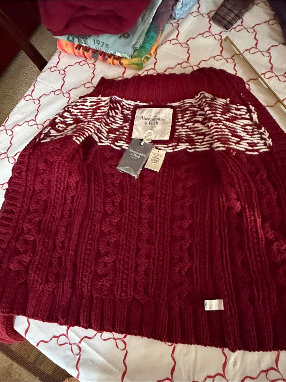 NWT Abercrombie & Fitch Women's Burgundy Cable-hand Knit Shawl Collar Sweater - Picture 10 of 11
